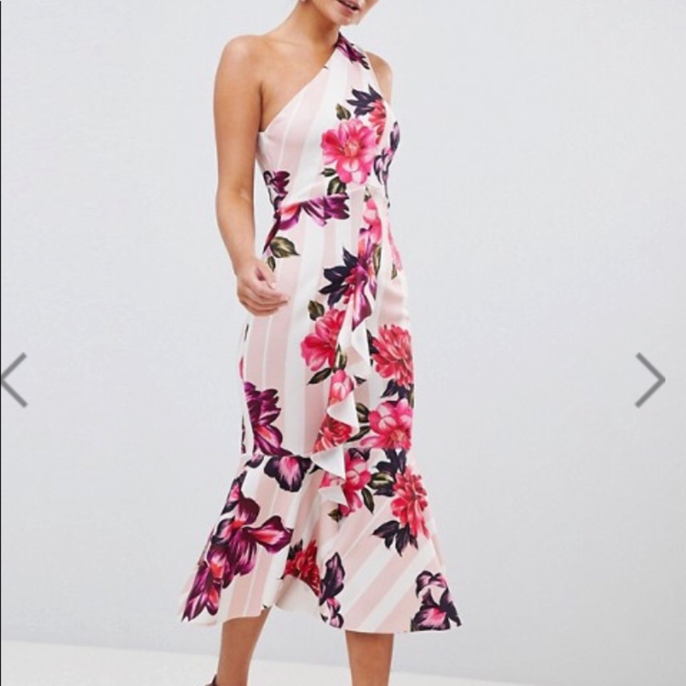 🆕One strap ruffle front mermaid trim midi dress - Picture 5 of 6